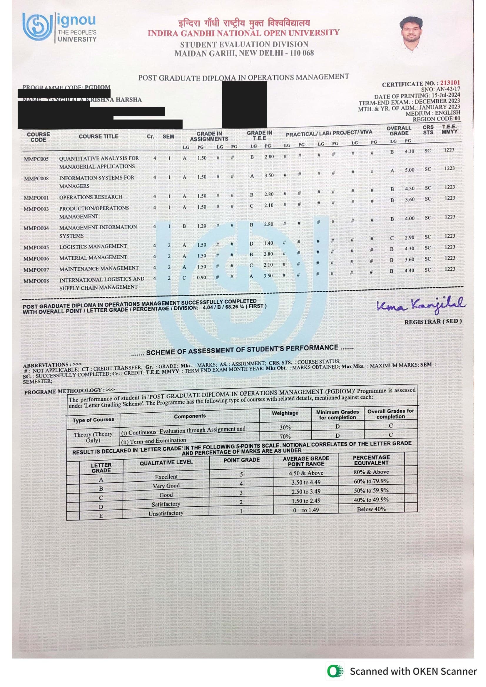 IGNOU Postgraduate Diploma in Operations Management marksheet, overall grade B, First Division — personal address and enrolment number redacted