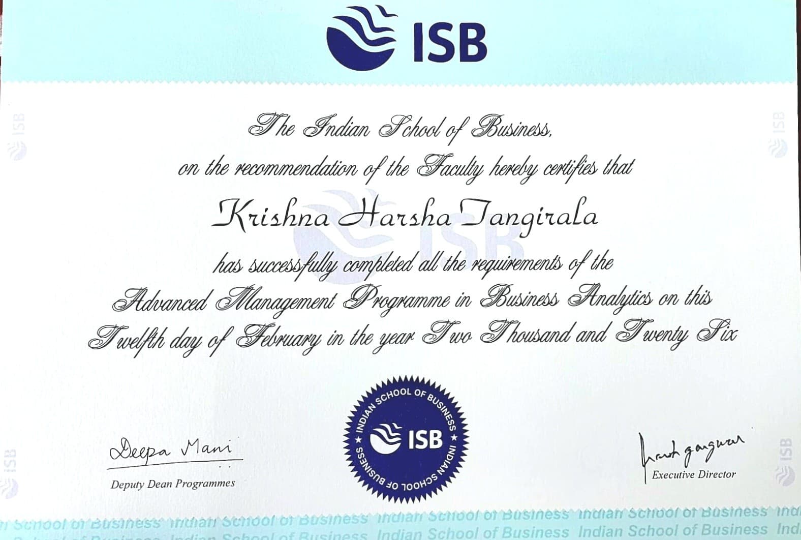 Indian School of Business AMPBA completion certificate