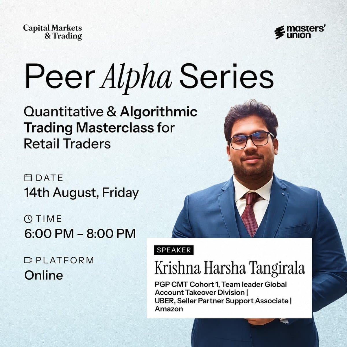 Event graphic for the Peer Alpha Series talk, Quantitative & Algorithmic Trading Masterclass for Retail Traders